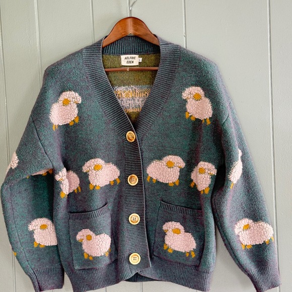 Aelfric Eden Vintage Lamb Knit Cardigan Sweater Flocked Sheep Cottagecore L - Picture 9 of 9